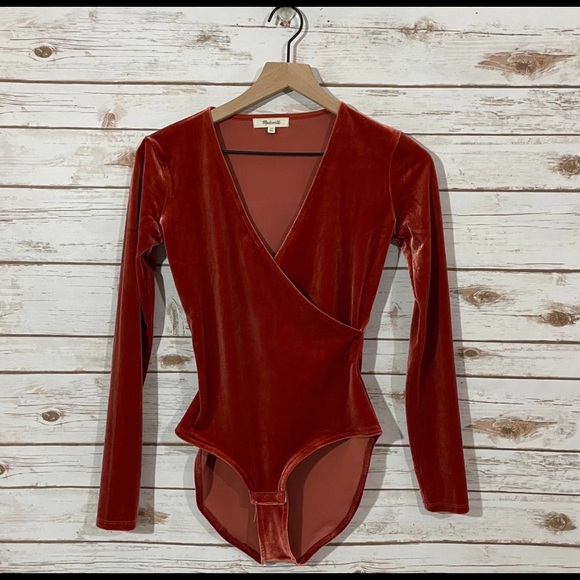 Madewell Velvet Faux Wrap Bodysuit - Burnished Rust - XS - Picture 7 of 11